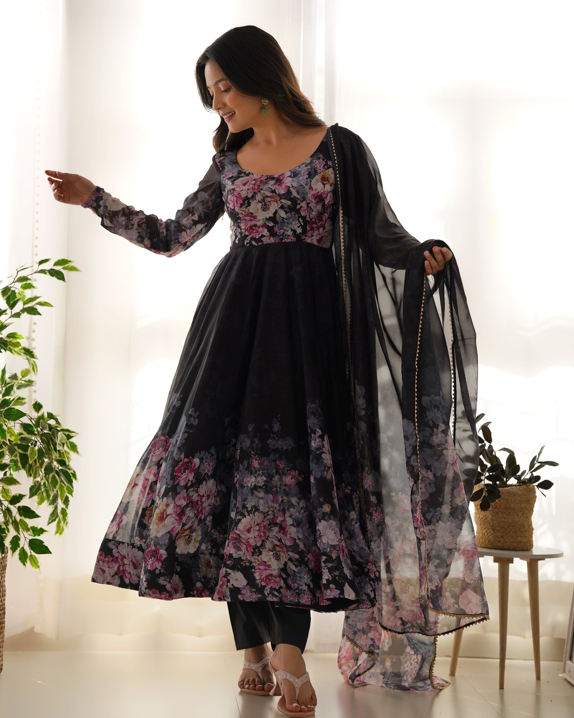 Black Pure Soft Organja Silk Fabric Fully Flair Kali Pattern And Canvas Patta With Dupatta Set Suit