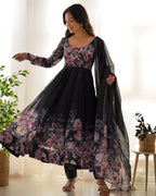 Black Pure Soft Organja Silk Fabric Fully Flair Kali Pattern And Canvas Patta With Dupatta Set Suit