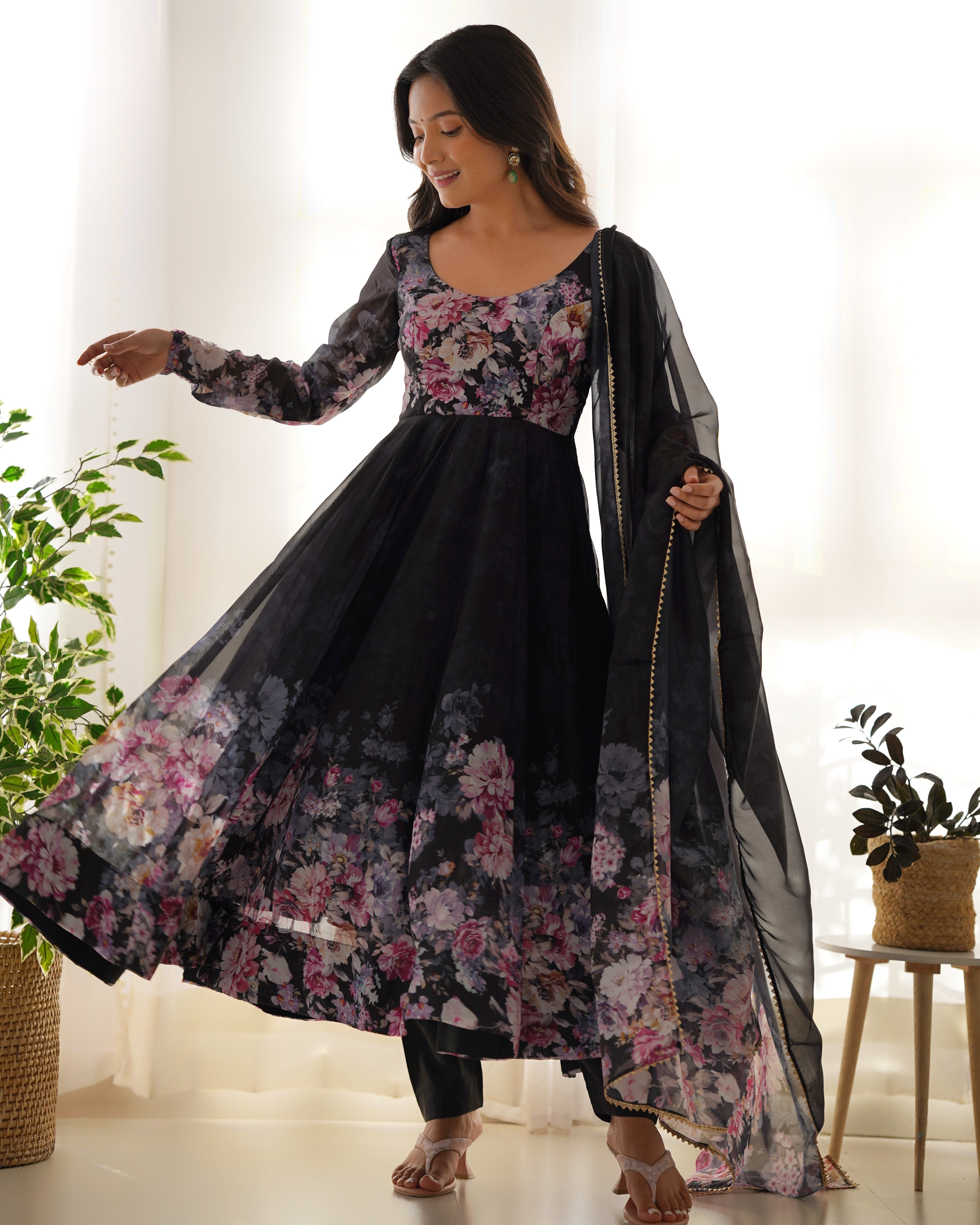 Black Pure Soft Organja Silk Fabric Fully Flair Kali Pattern And Canvas Patta With Dupatta Set Suit