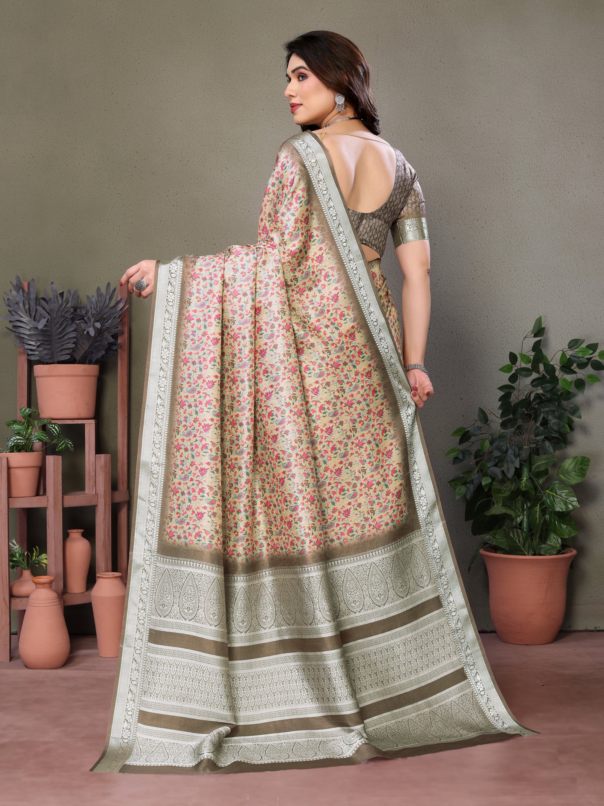 Designer Beautiful Blue Color Khadi Vichitra Pashmina Digital Print With Jacquard Rich Pallu Border Weaving Work