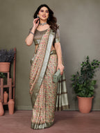 Designer Beautiful Blue Color Khadi Vichitra Pashmina Digital Print With Jacquard Rich Pallu Border Weaving Work