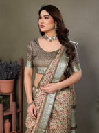 Designer Beautiful Blue Color Khadi Vichitra Pashmina Digital Print With Jacquard Rich Pallu Border Weaving Work