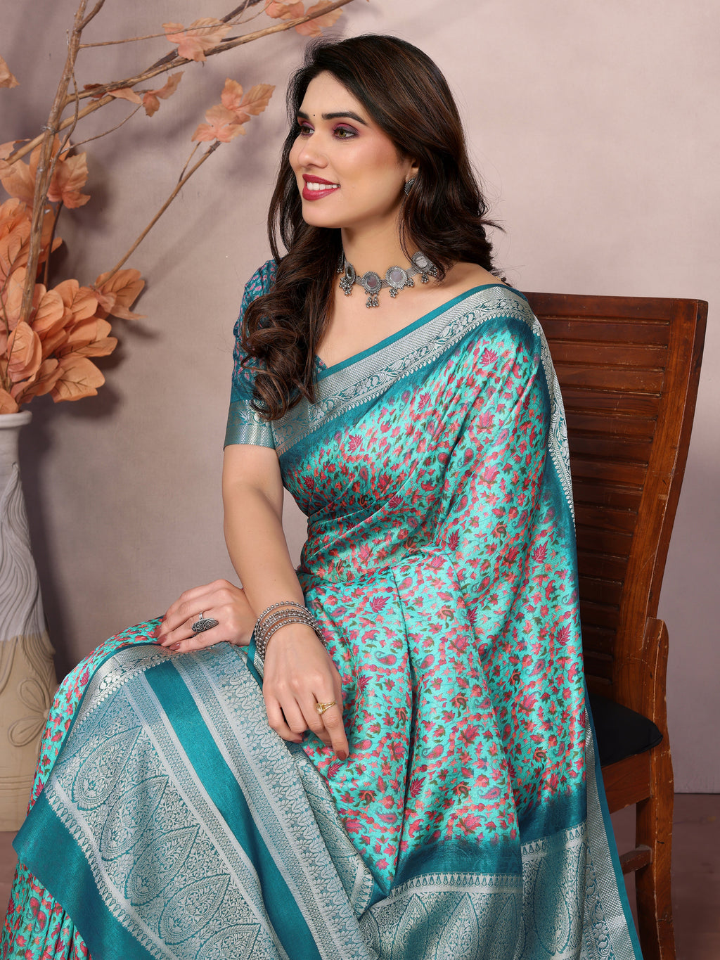 Designer Beautiful Blue Color Khadi Vichitra Pashmina Digital Print With Jacquard Rich Pallu Border Weaving Work