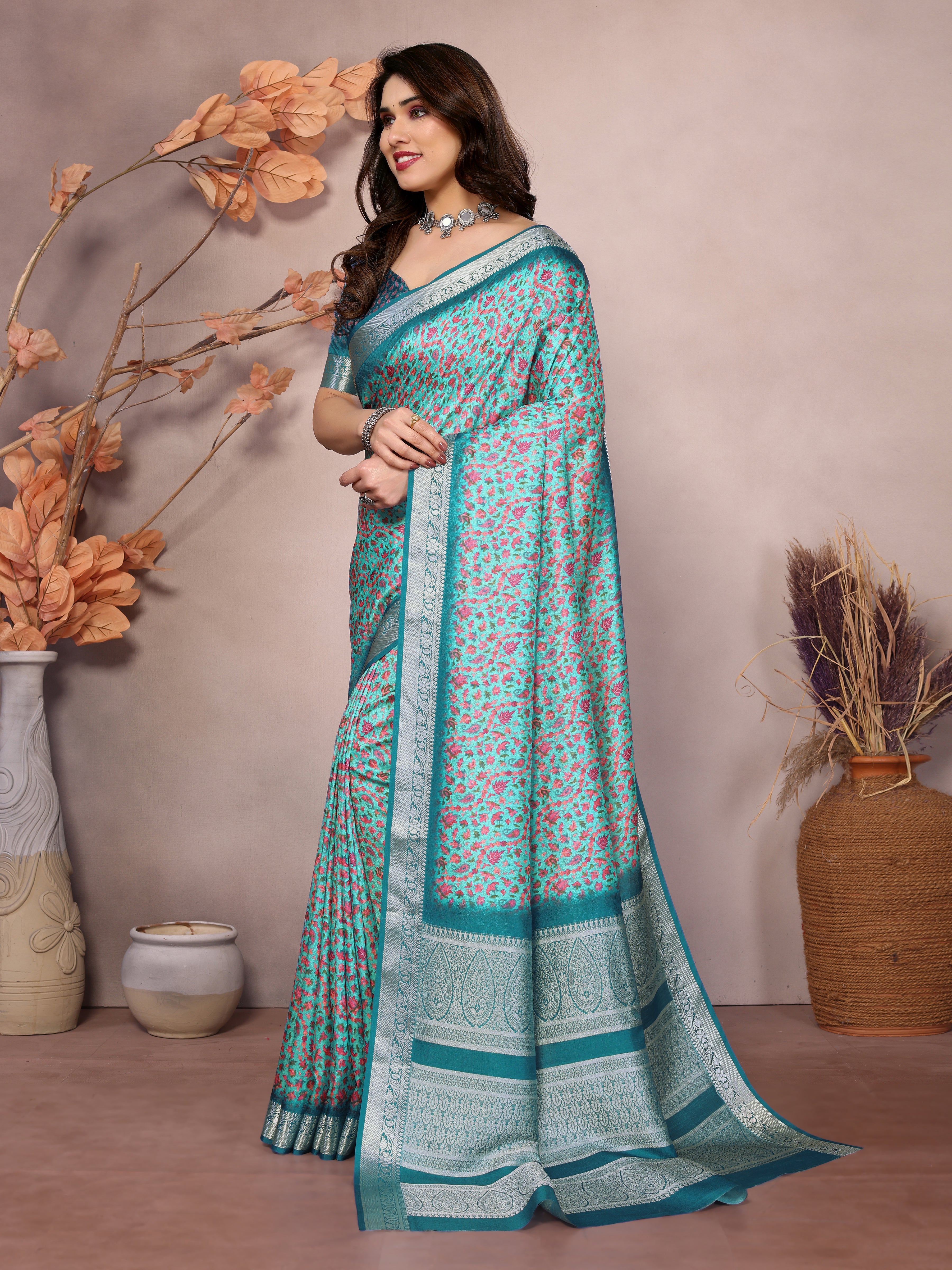 Designer Beautiful Blue Color Khadi Vichitra Pashmina Digital Print With Jacquard Rich Pallu Border Weaving Work