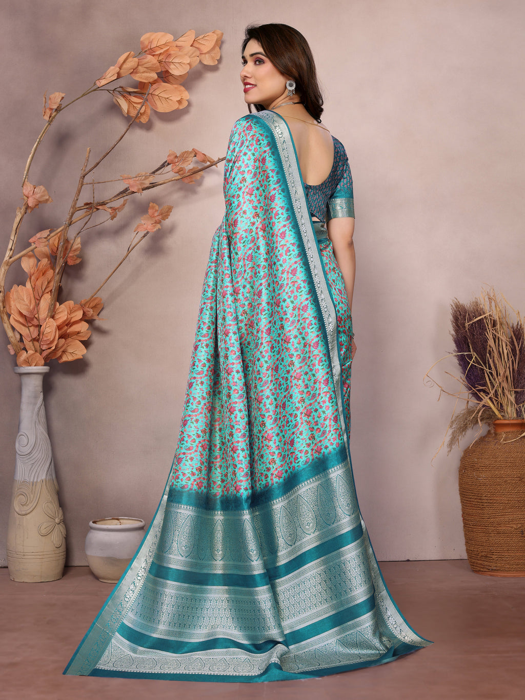 Designer Beautiful Blue Color Khadi Vichitra Pashmina Digital Print With Jacquard Rich Pallu Border Weaving Work