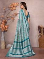 Designer Beautiful Blue Color Khadi Vichitra Pashmina Digital Print With Jacquard Rich Pallu Border Weaving Work