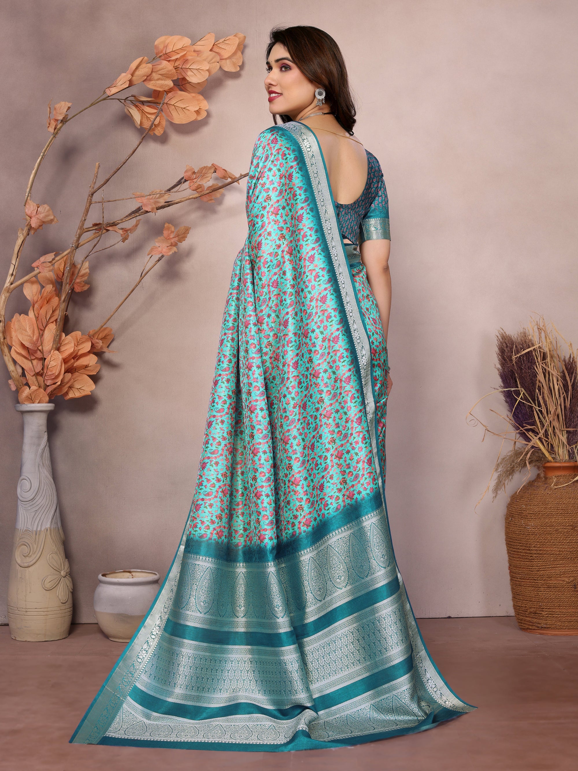 Designer Beautiful Blue Color Khadi Vichitra Pashmina Digital Print With Jacquard Rich Pallu Border Weaving Work