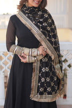 Teal embroidered georgette partywear long gown for women