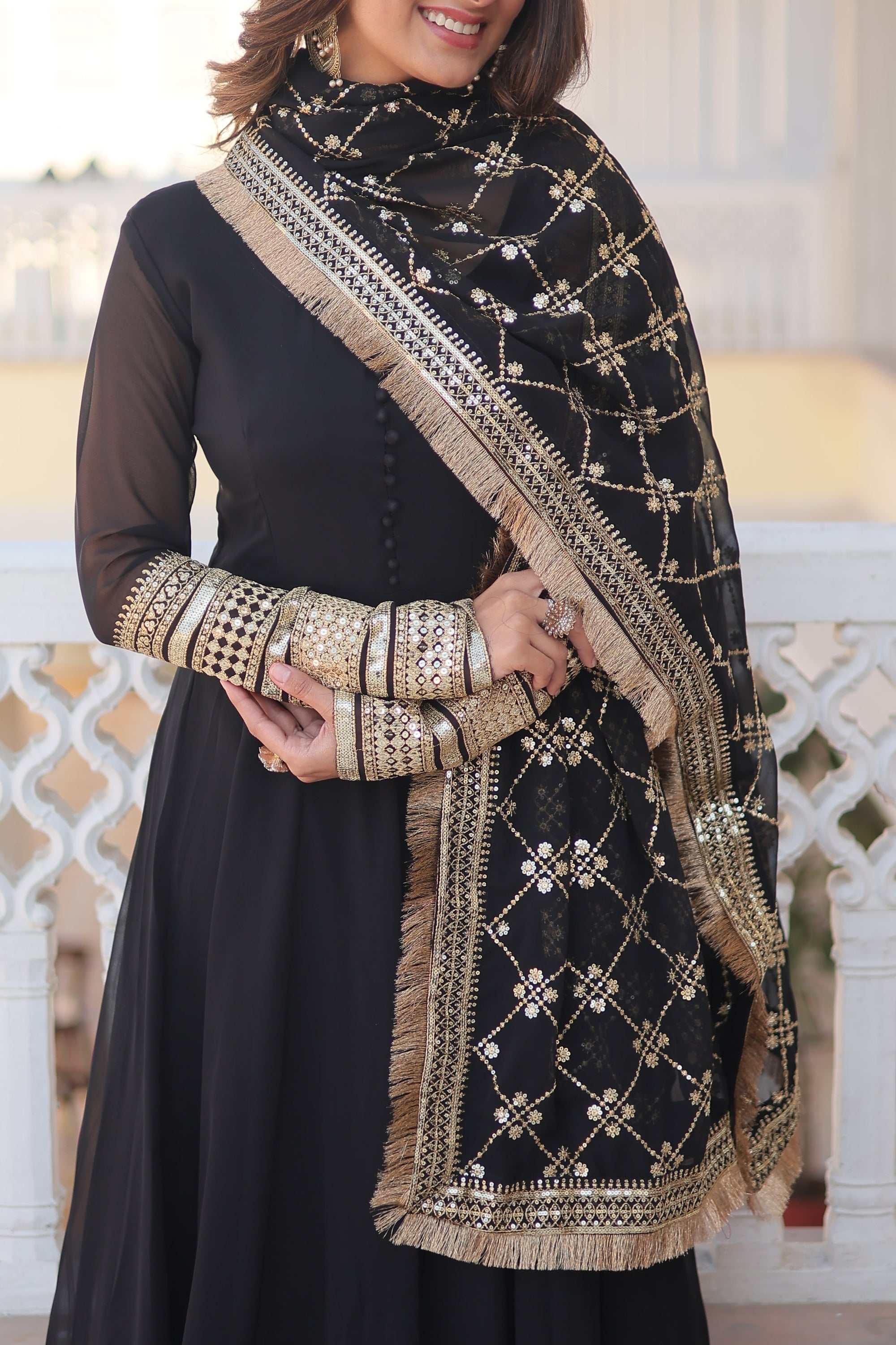 Teal embroidered georgette partywear long gown for women