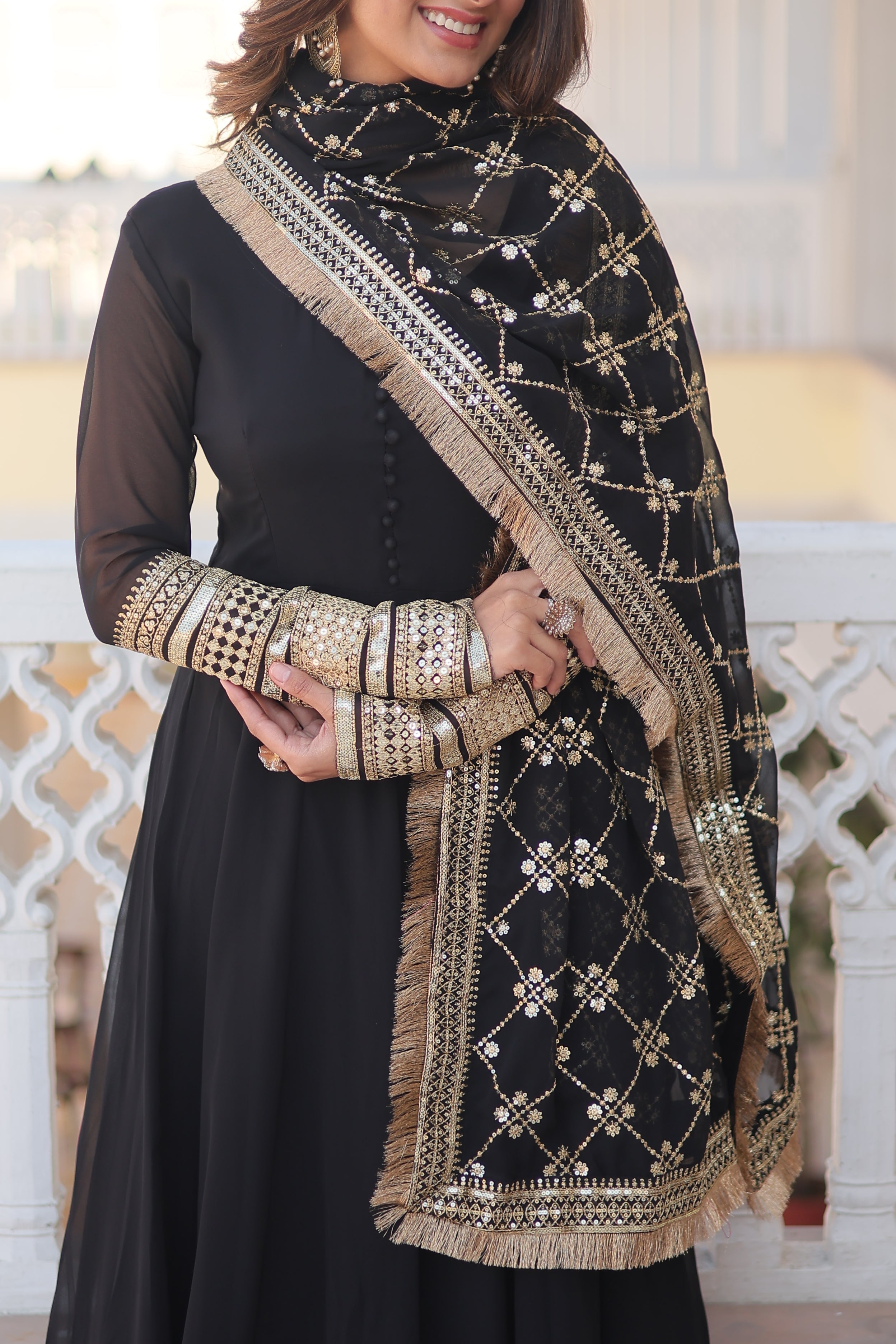 Teal embroidered georgette partywear long gown for women