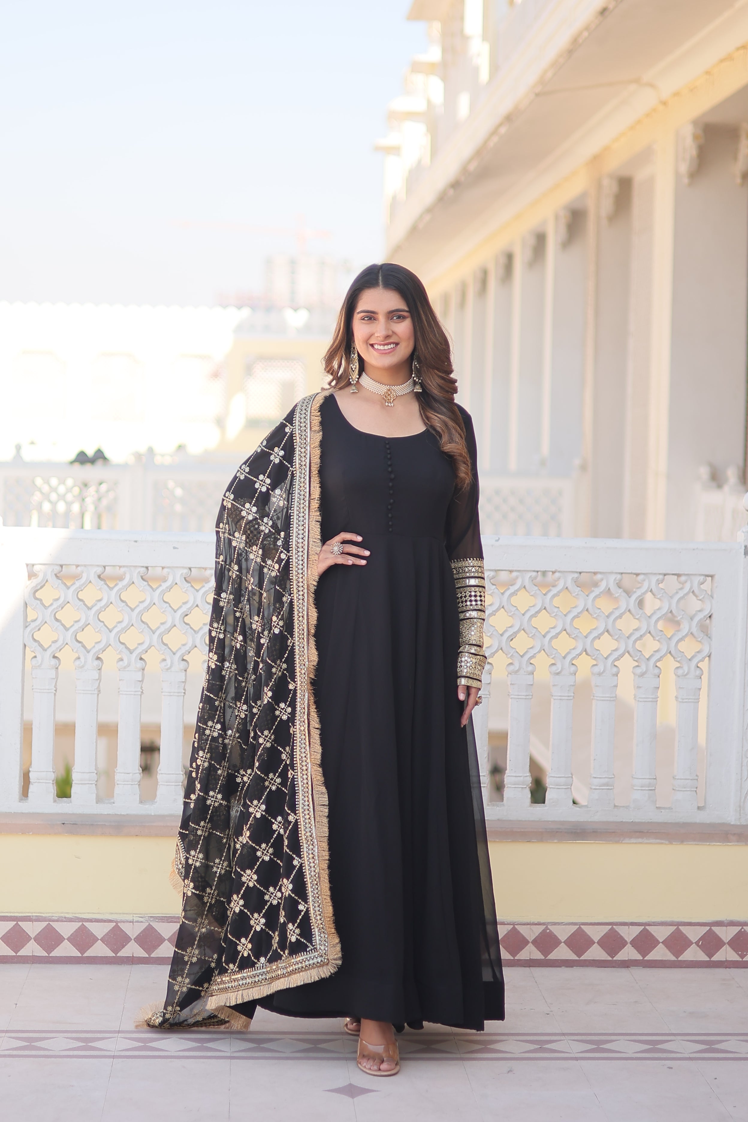 Teal embroidered georgette partywear long gown for women