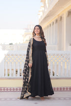 Teal embroidered georgette partywear long gown for women