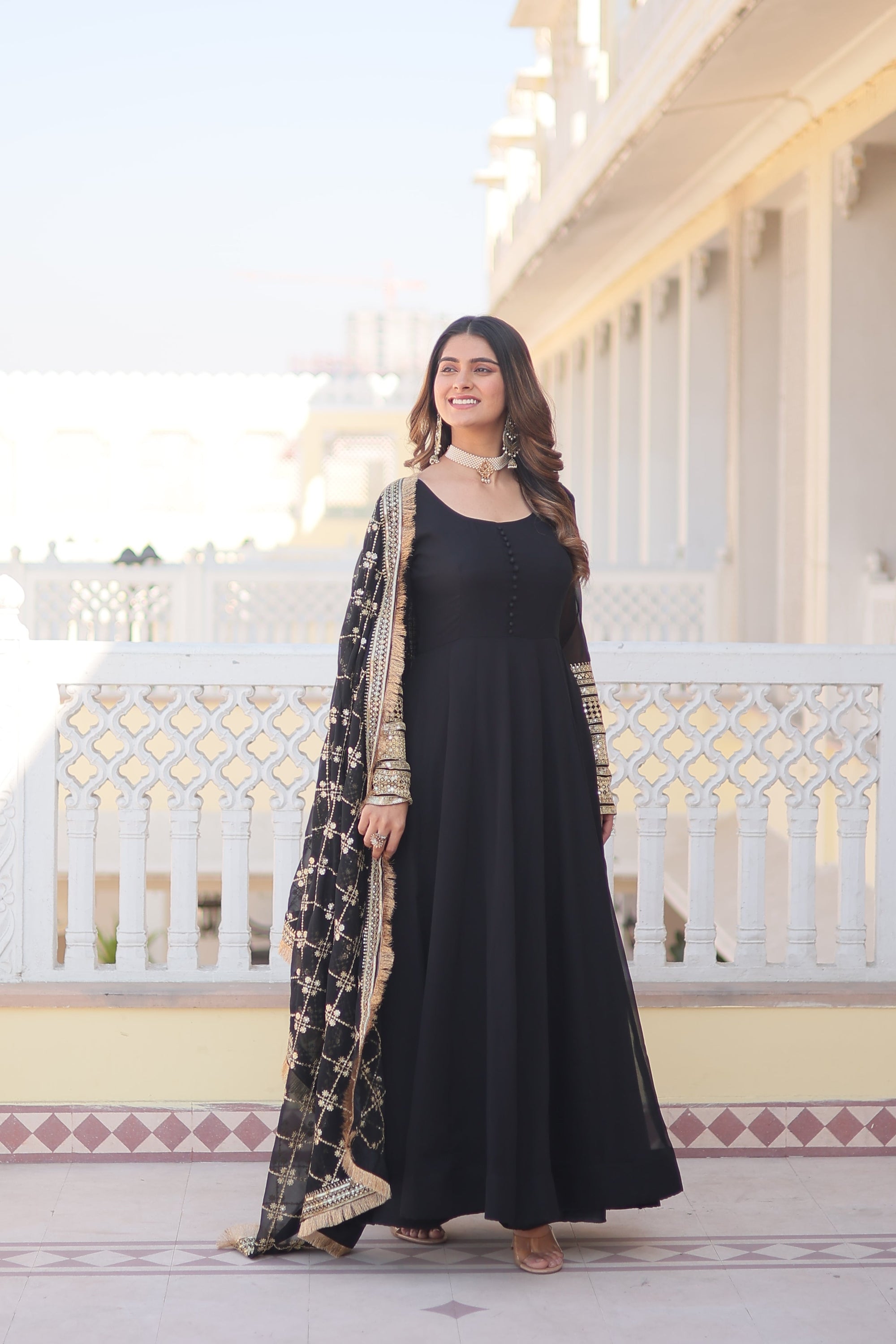 Teal embroidered georgette partywear long gown for women
