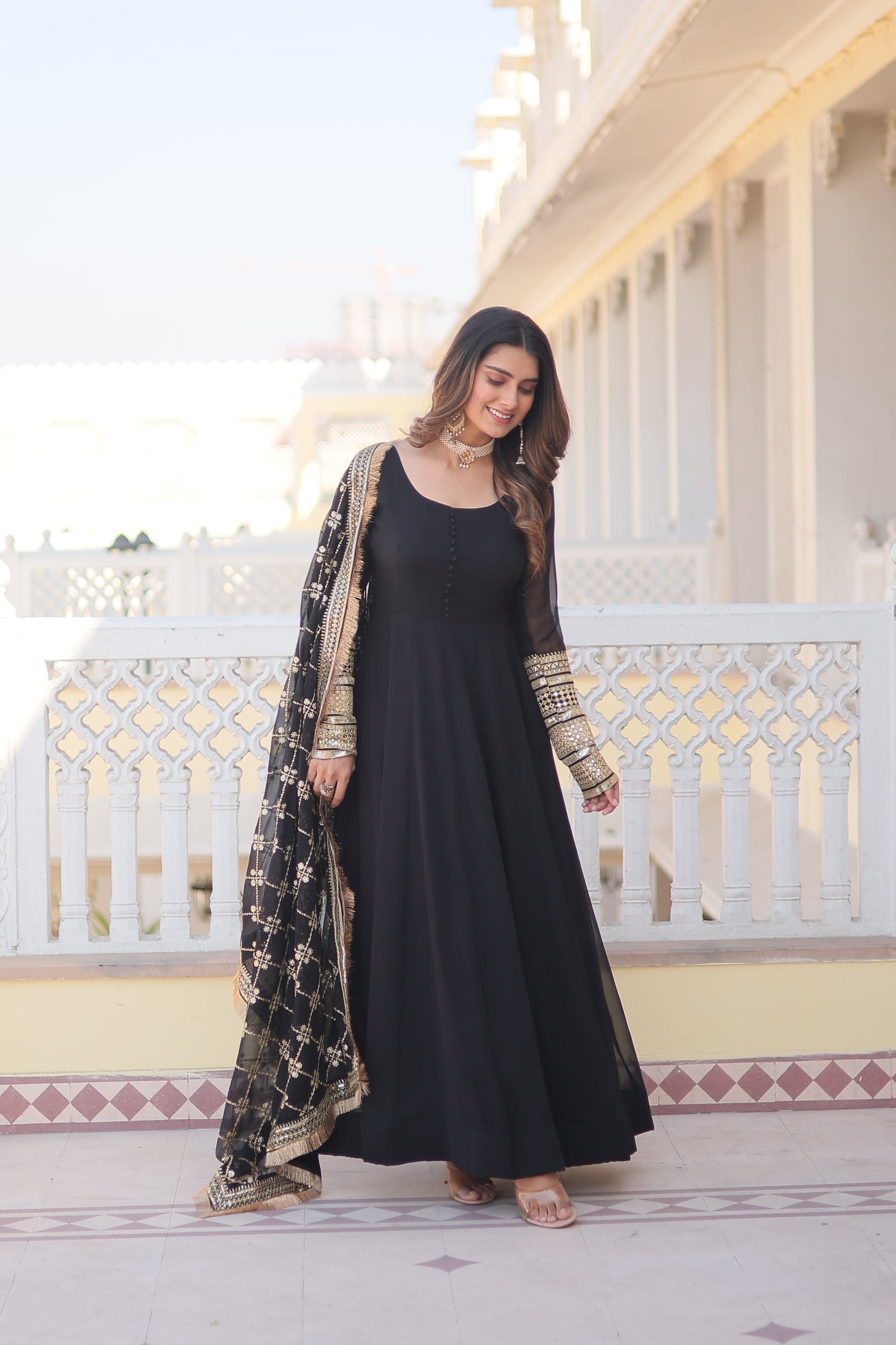 Teal embroidered georgette partywear long gown for women