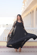 Teal embroidered georgette partywear long gown for women