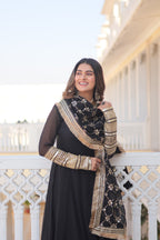 Teal embroidered georgette partywear long gown for women