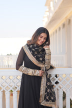 Teal embroidered georgette partywear long gown for women