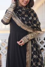 Teal embroidered georgette partywear long gown for women
