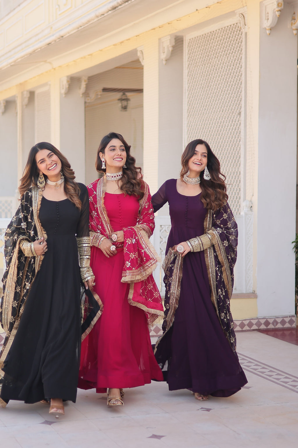 Teal embroidered georgette partywear long gown for women