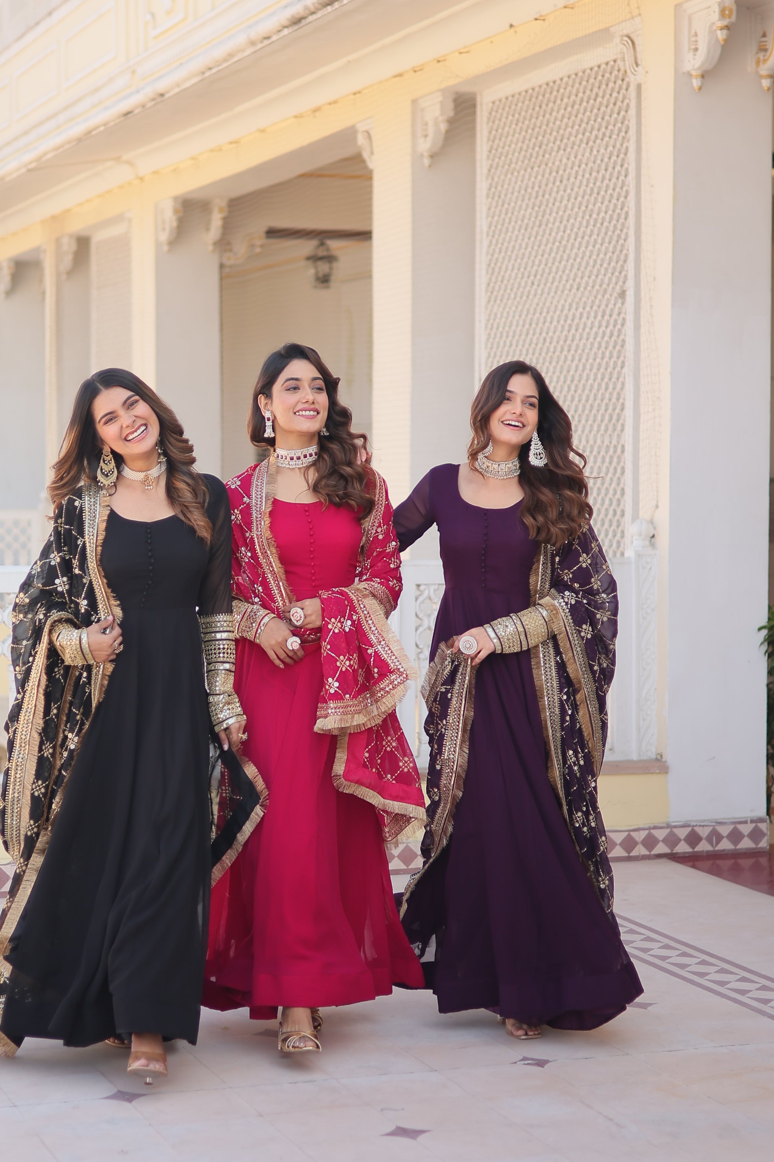 Teal embroidered georgette partywear long gown for women