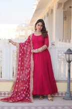 Teal embroidered georgette partywear long gown for women