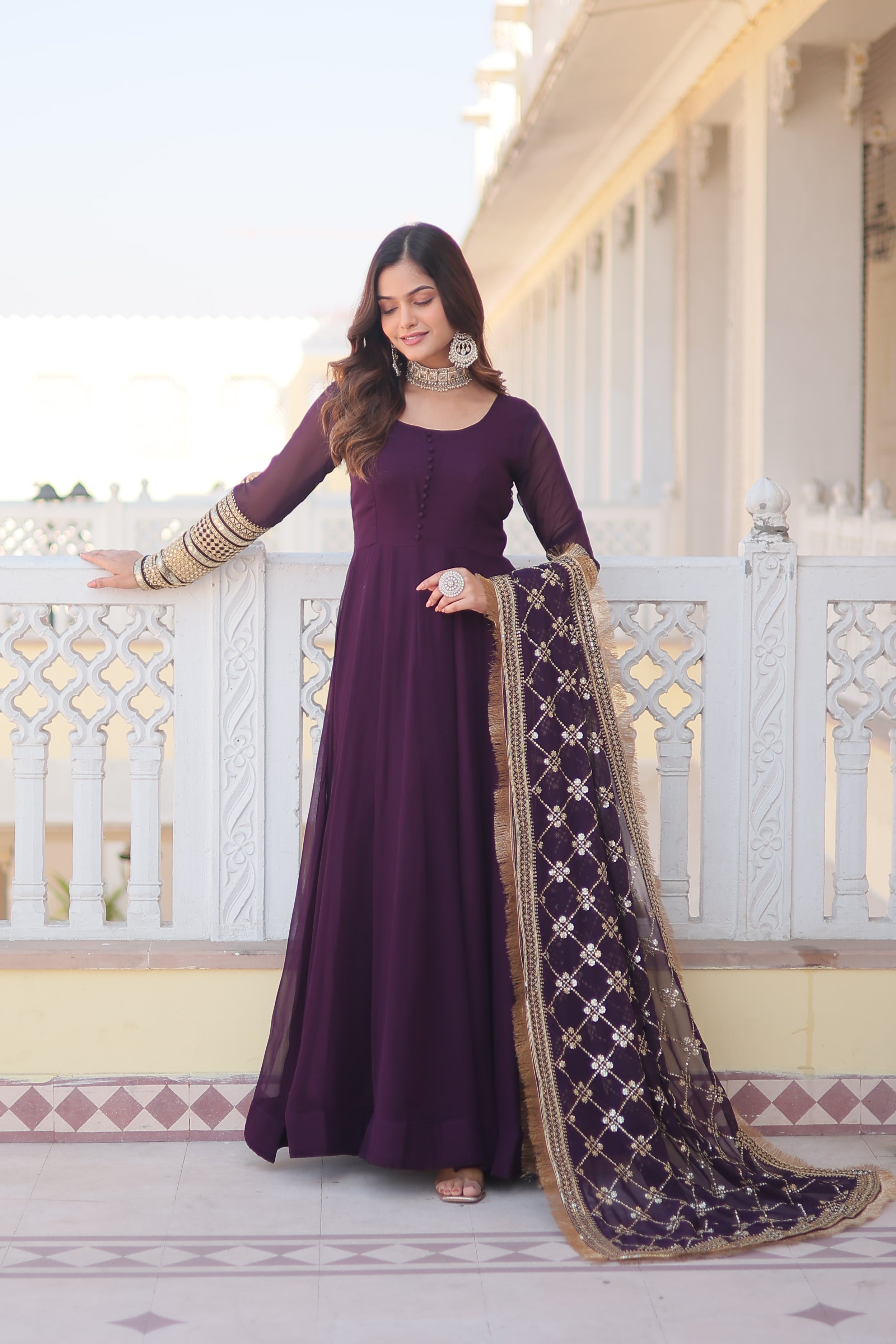 Teal embroidered georgette partywear long gown for women