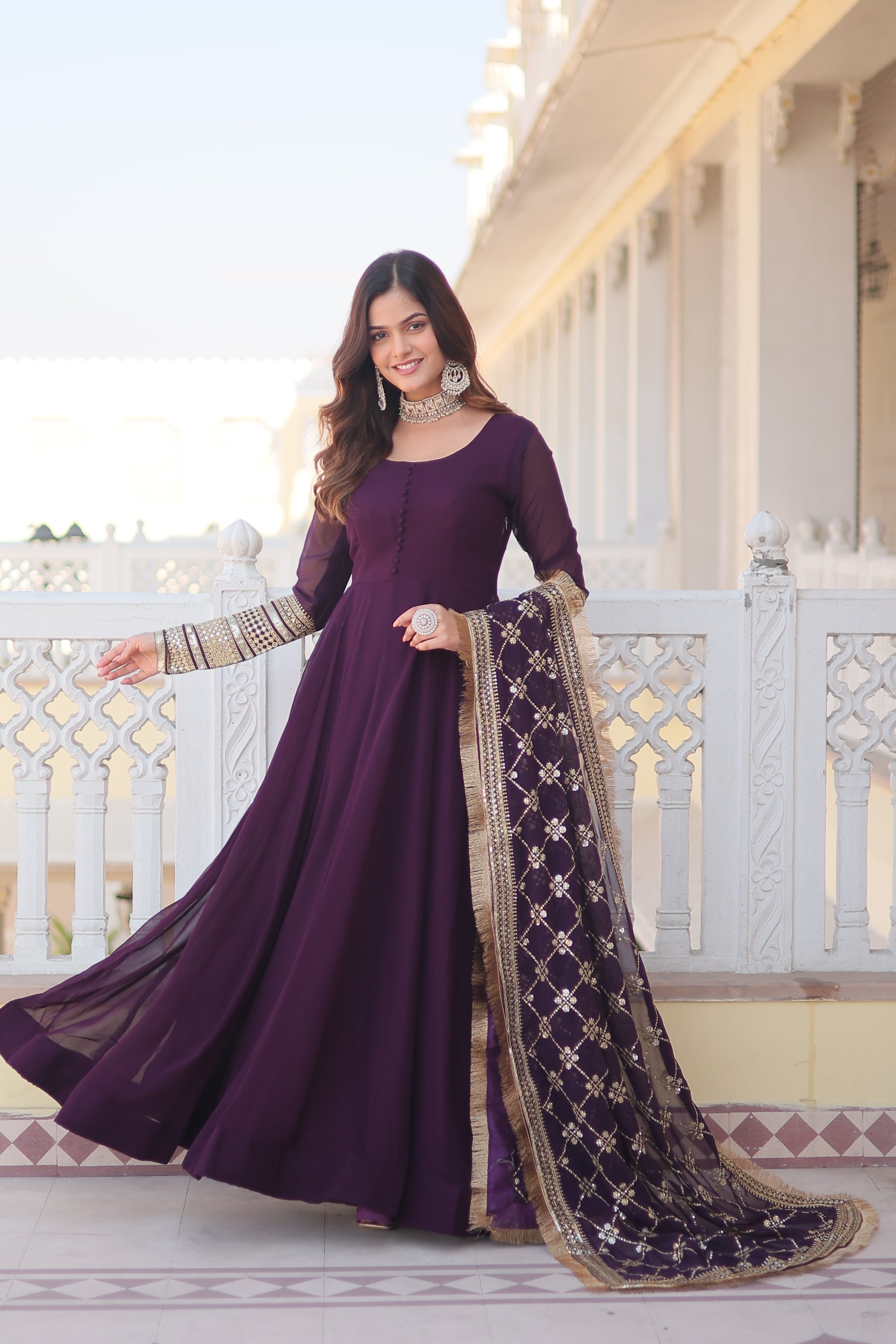 Teal embroidered georgette partywear long gown for women