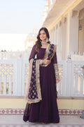 Teal embroidered georgette partywear long gown for women