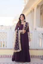 Teal embroidered georgette partywear long gown for women