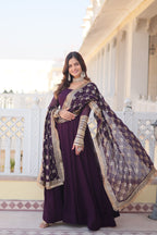 Teal embroidered georgette partywear long gown for women