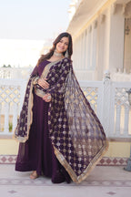 Teal embroidered georgette partywear long gown for women