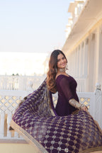 Teal embroidered georgette partywear long gown for women