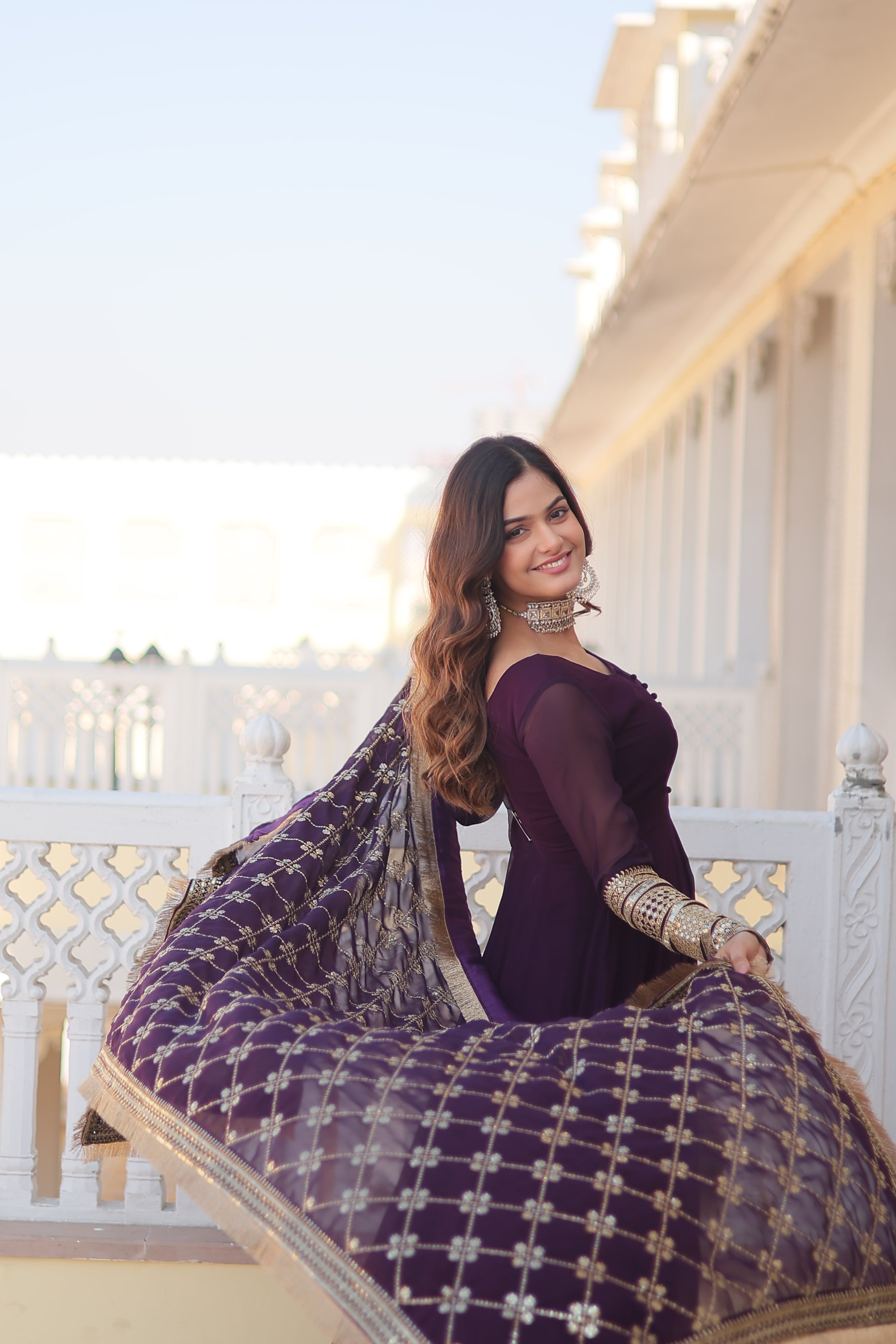 Teal embroidered georgette partywear long gown for women
