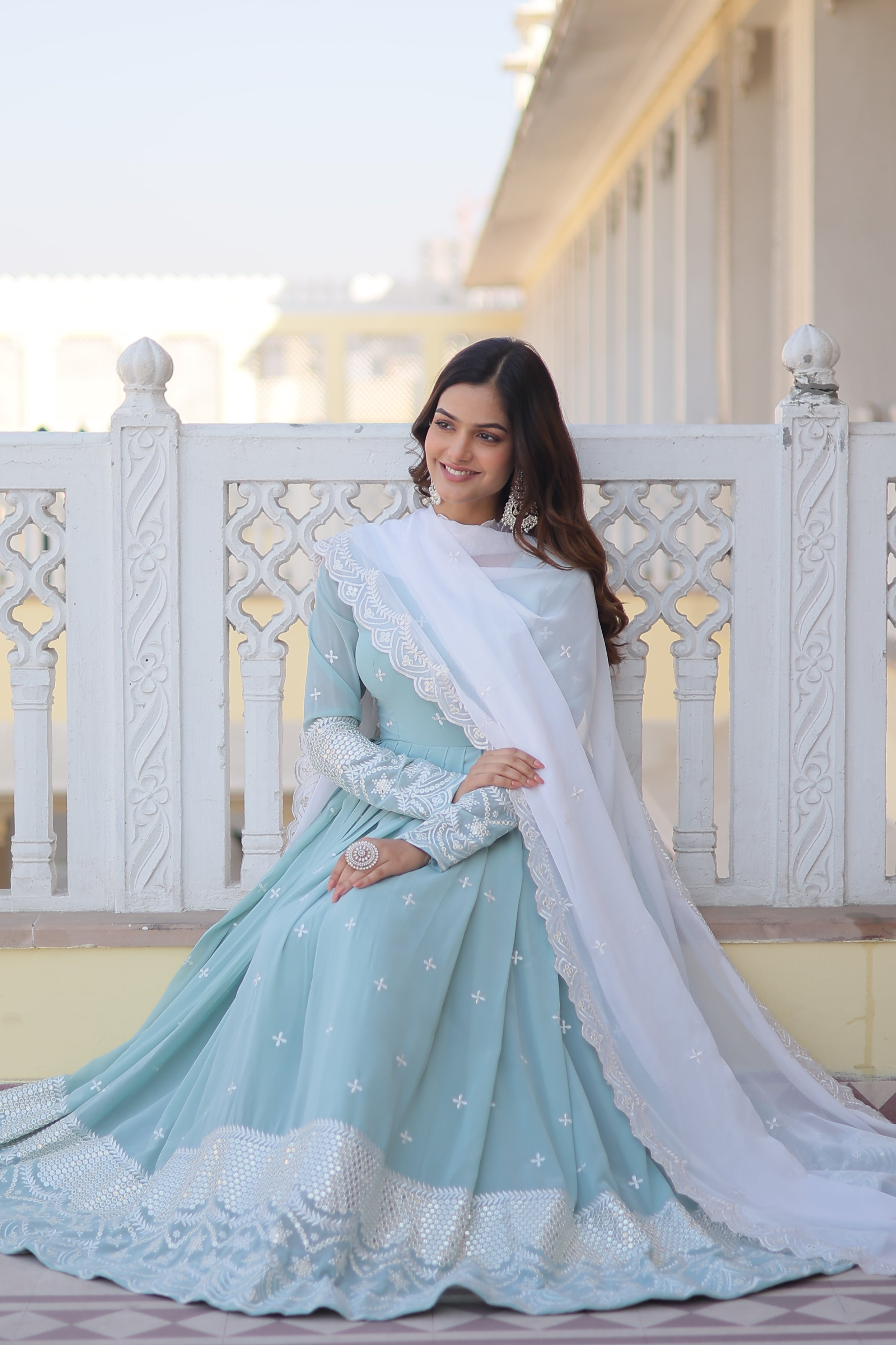 Women Faux Georgette Embroidery Work Gown With Dupatta
