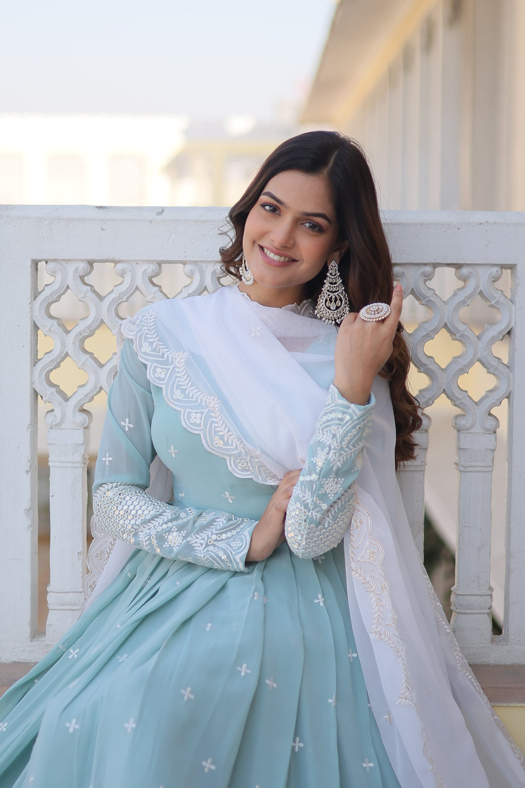 Women Faux Georgette Embroidery Work Gown With Dupatta