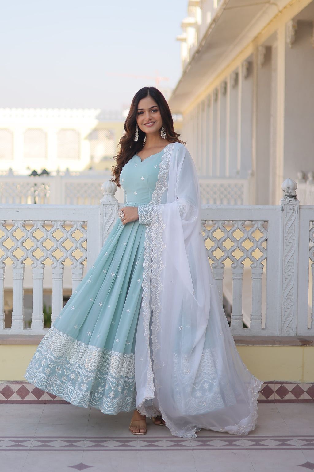 Women Faux Georgette Embroidery Work Gown With Dupatta