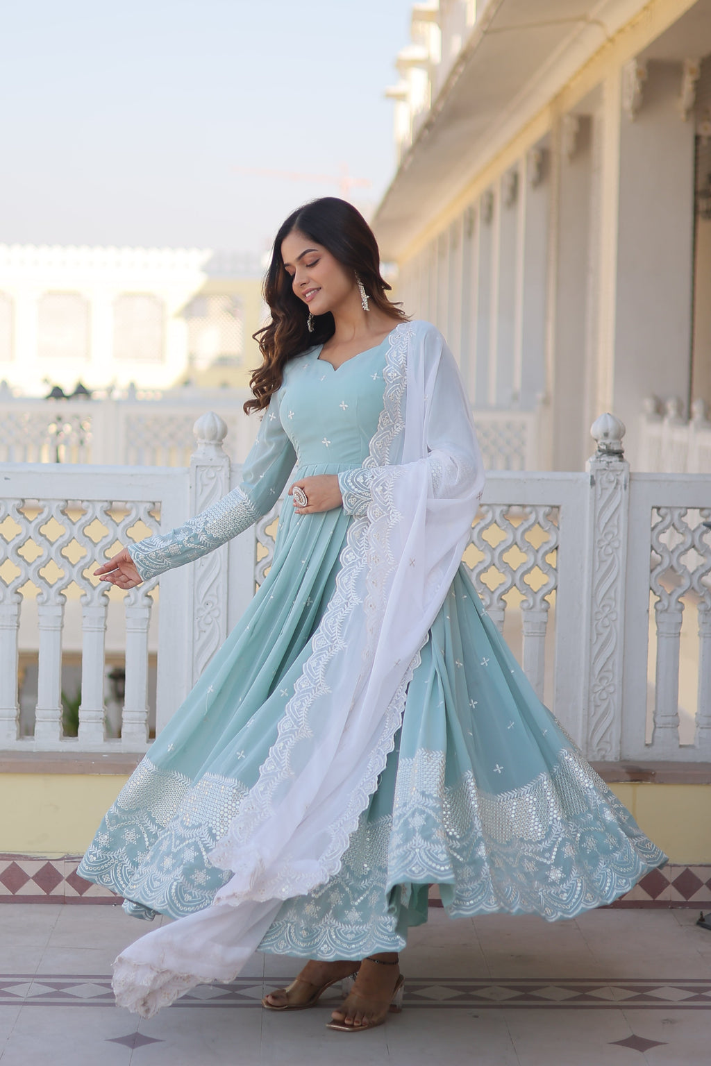 Women Faux Georgette Embroidery Work Gown With Dupatta