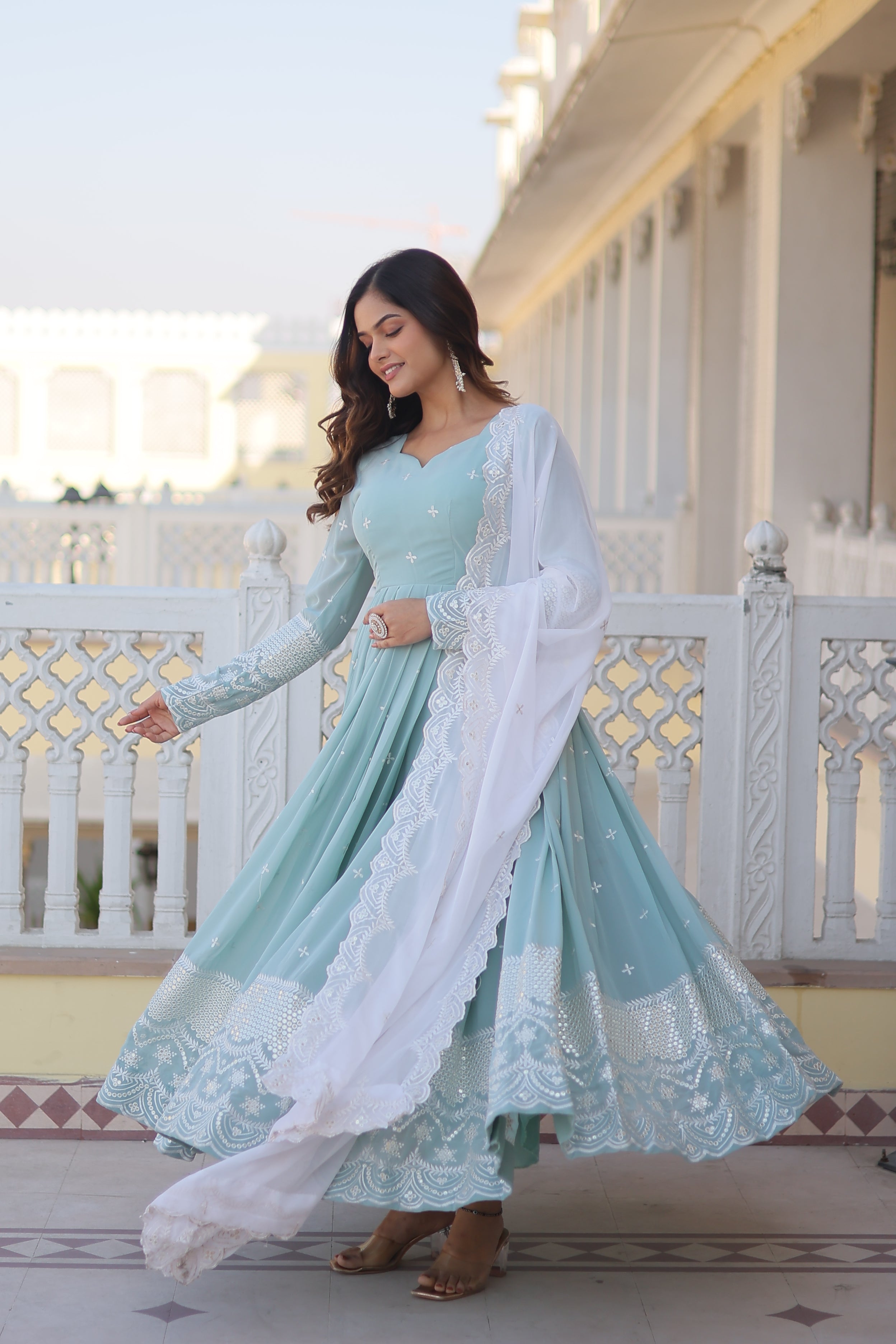 Women Faux Georgette Embroidery Work Gown With Dupatta