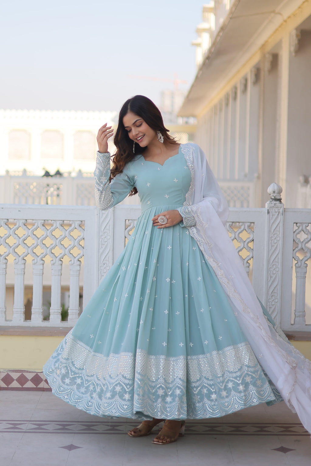 Women Faux Georgette Embroidery Work Gown With Dupatta