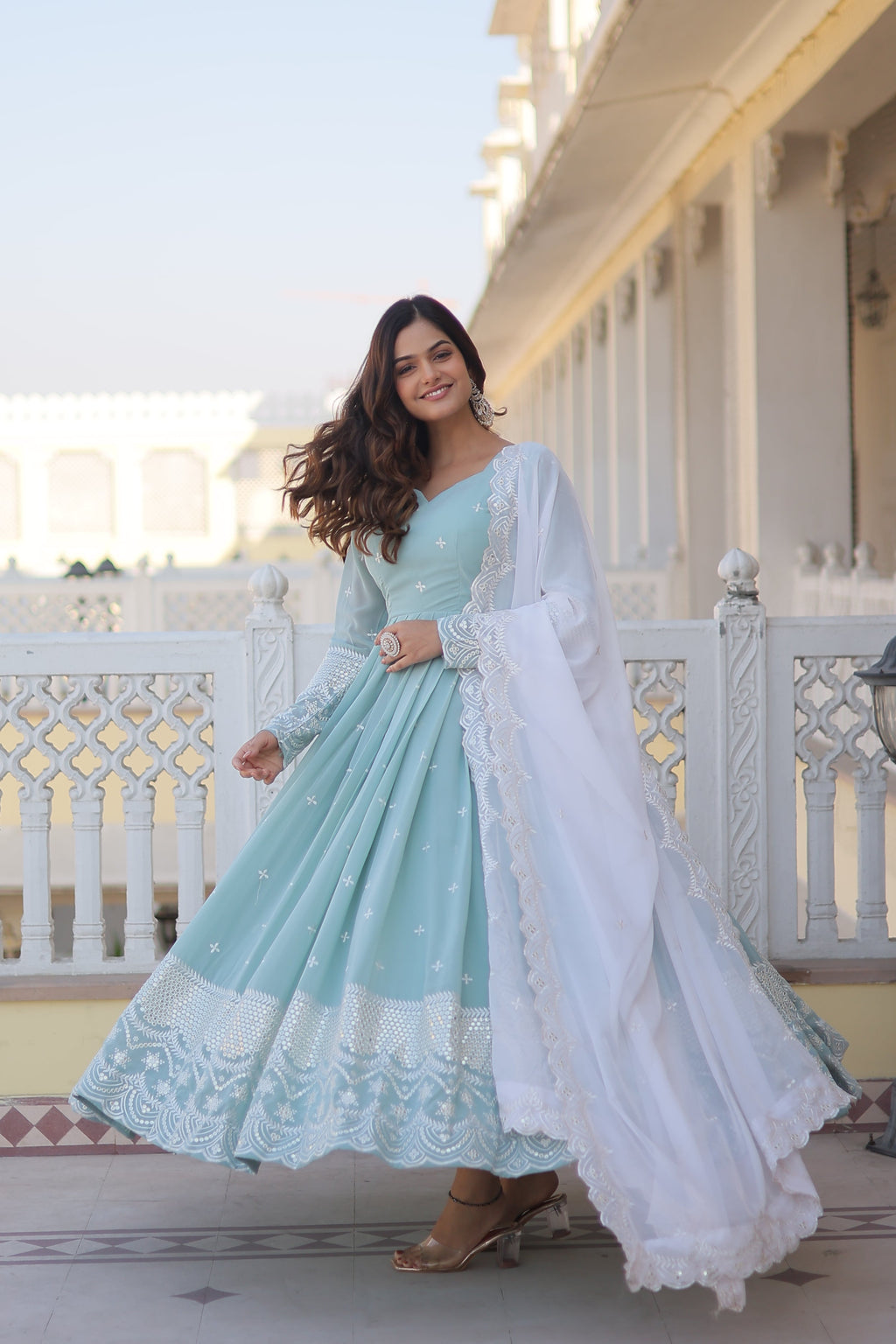 Women Faux Georgette Embroidery Work Gown With Dupatta