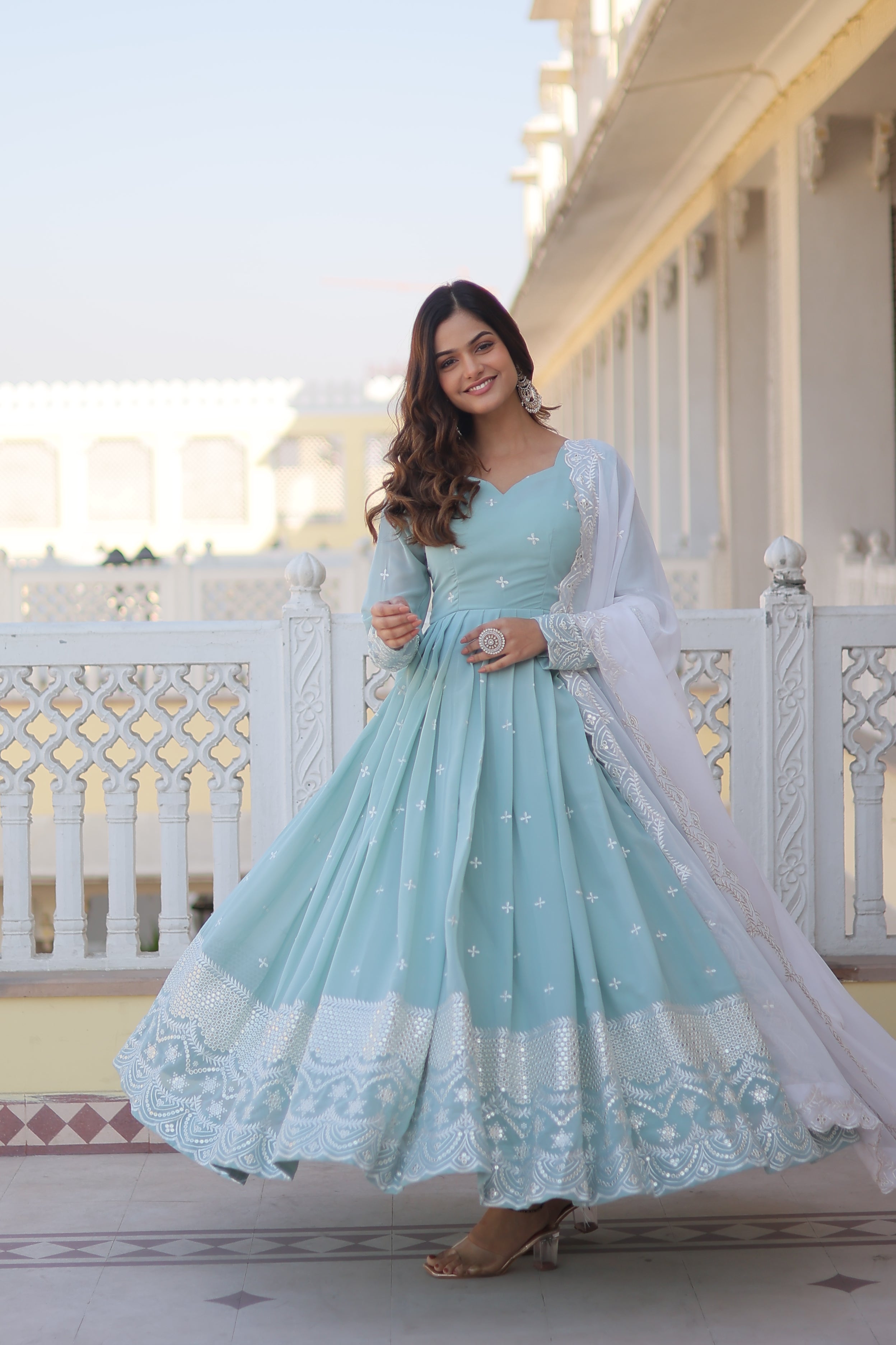 Women Faux Georgette Embroidery Work Gown With Dupatta
