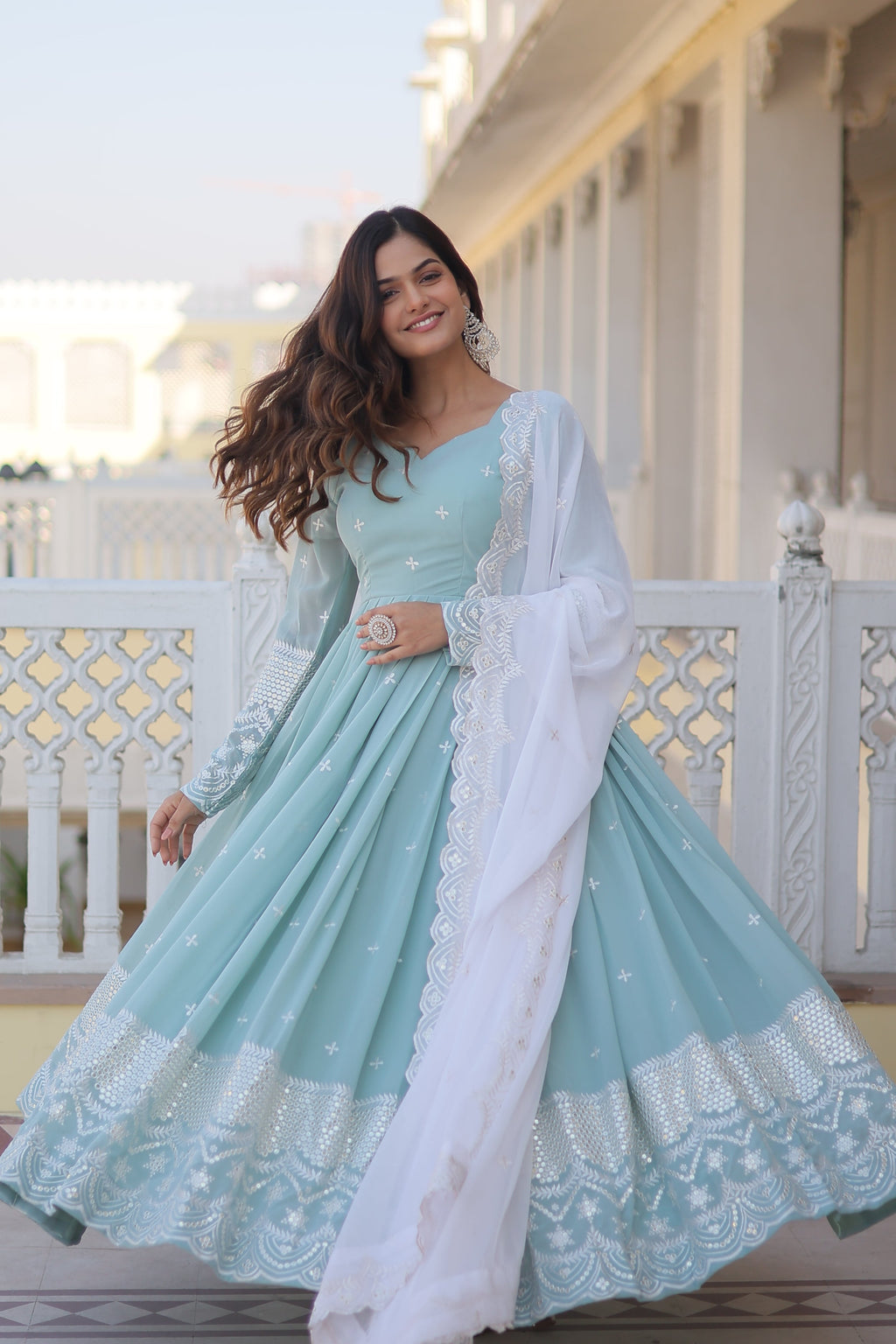 Women Faux Georgette Embroidery Work Gown With Dupatta