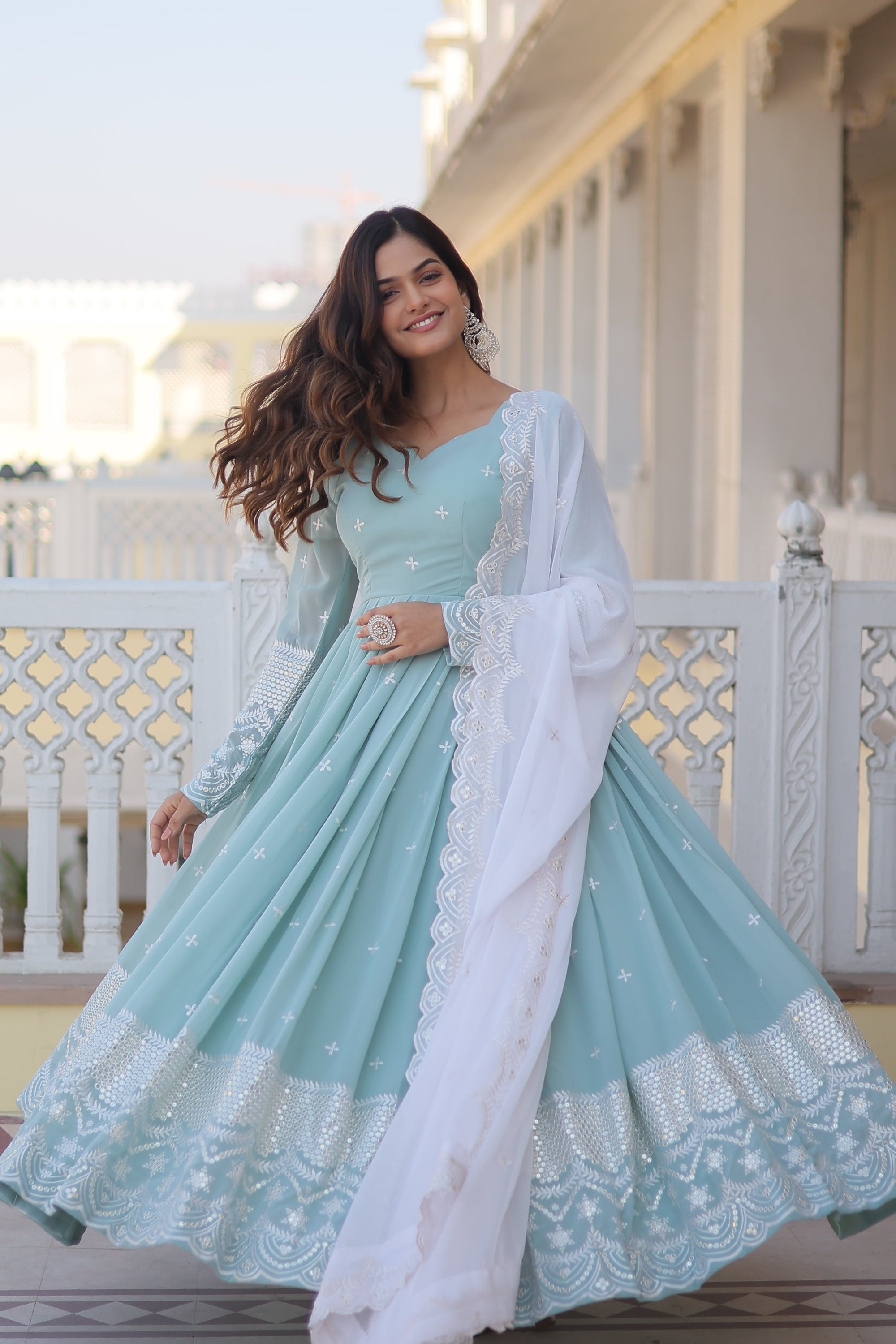 Women Faux Georgette Embroidery Work Gown With Dupatta