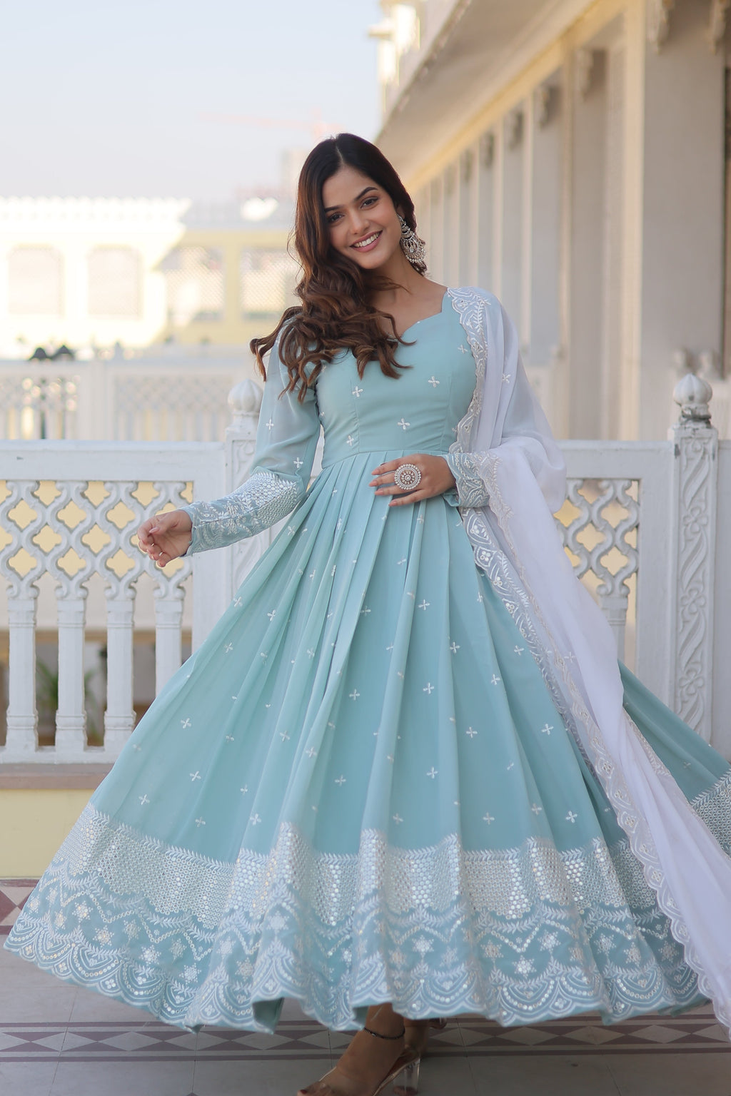 Women Faux Georgette Embroidery Work Gown With Dupatta