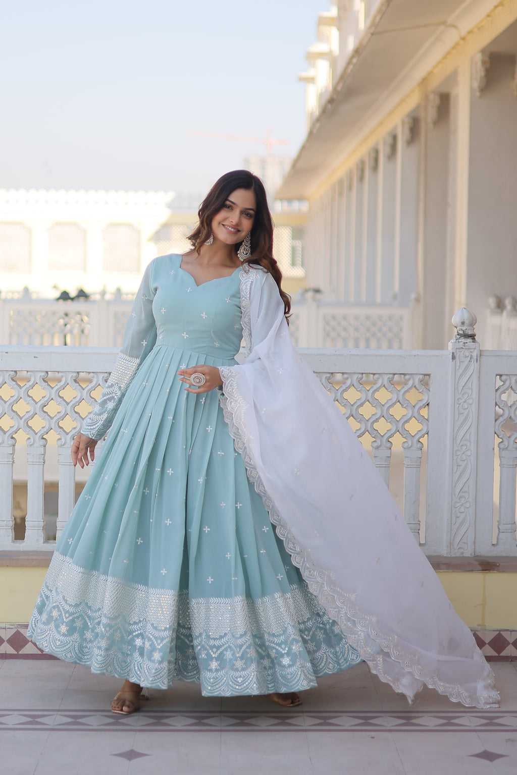 Women Faux Georgette Embroidery Work Gown With Dupatta
