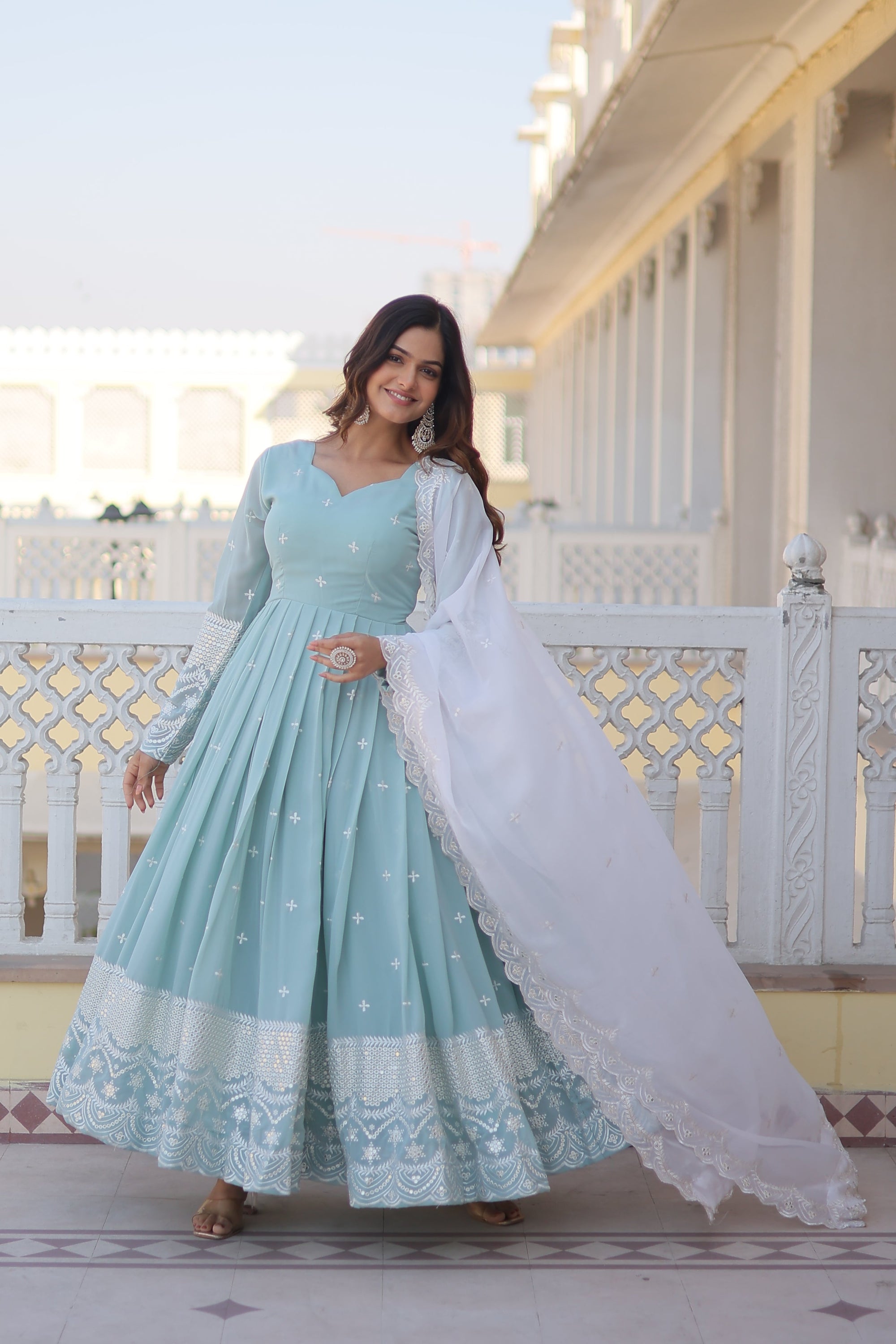 Women Faux Georgette Embroidery Work Gown With Dupatta