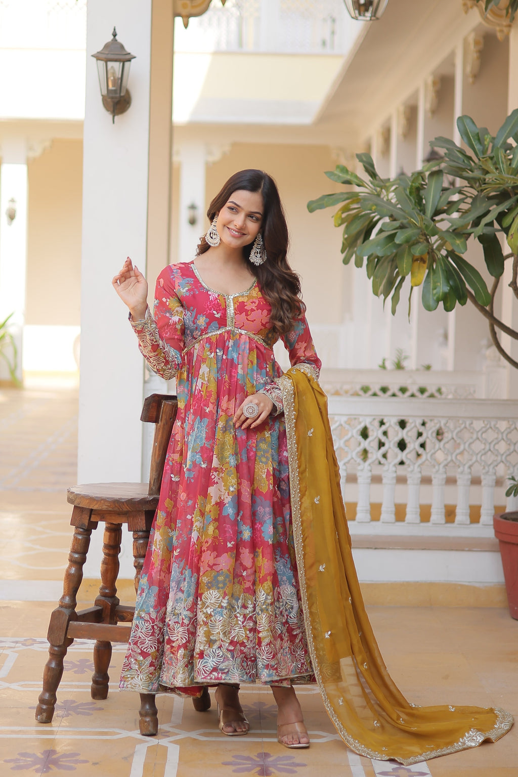 Wedding Wear Floral Embroidered Red Color Alia Cut Gown With Dupatta