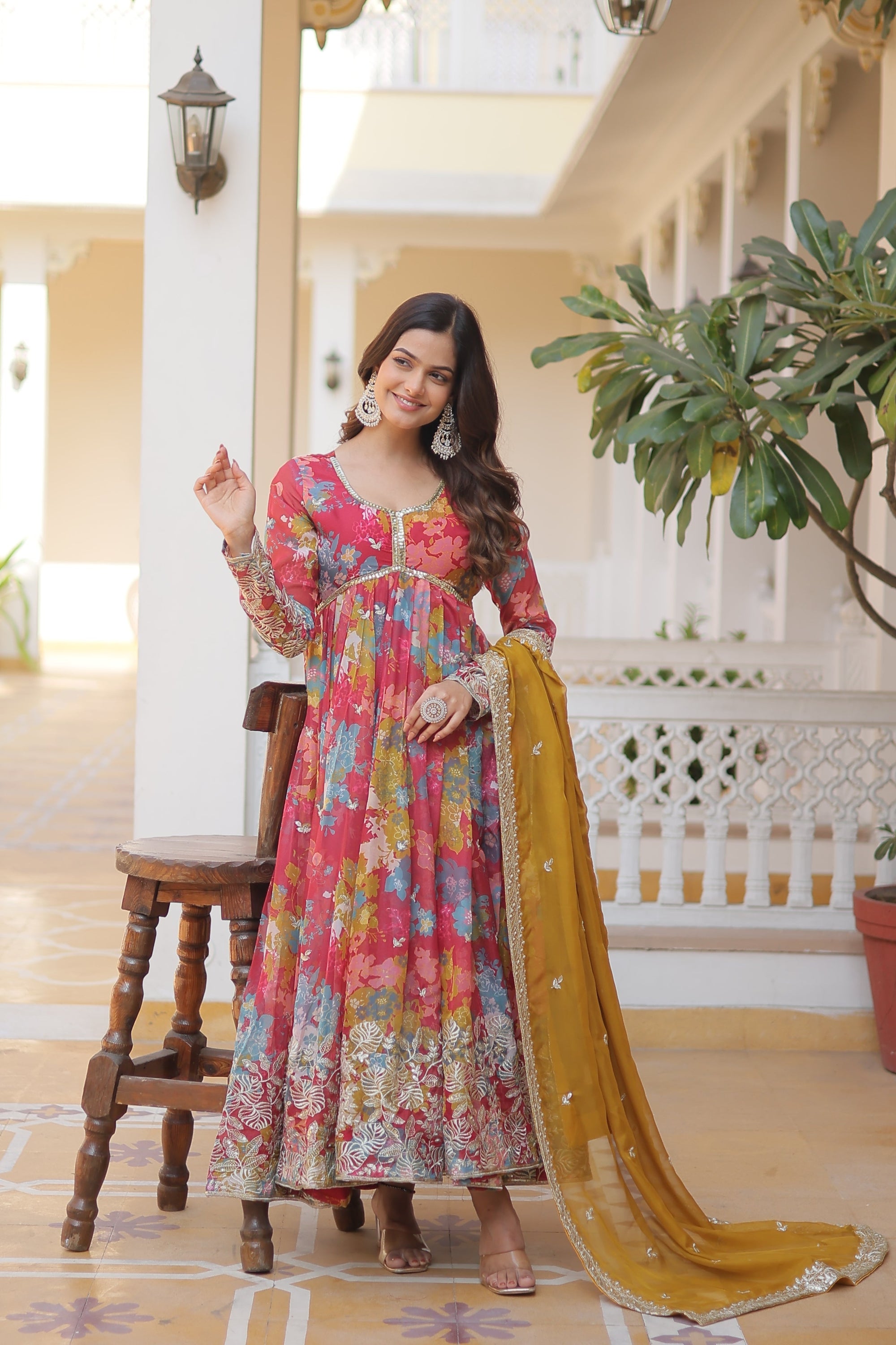 Wedding Wear Floral Embroidered Red Color Alia Cut Gown With Dupatta