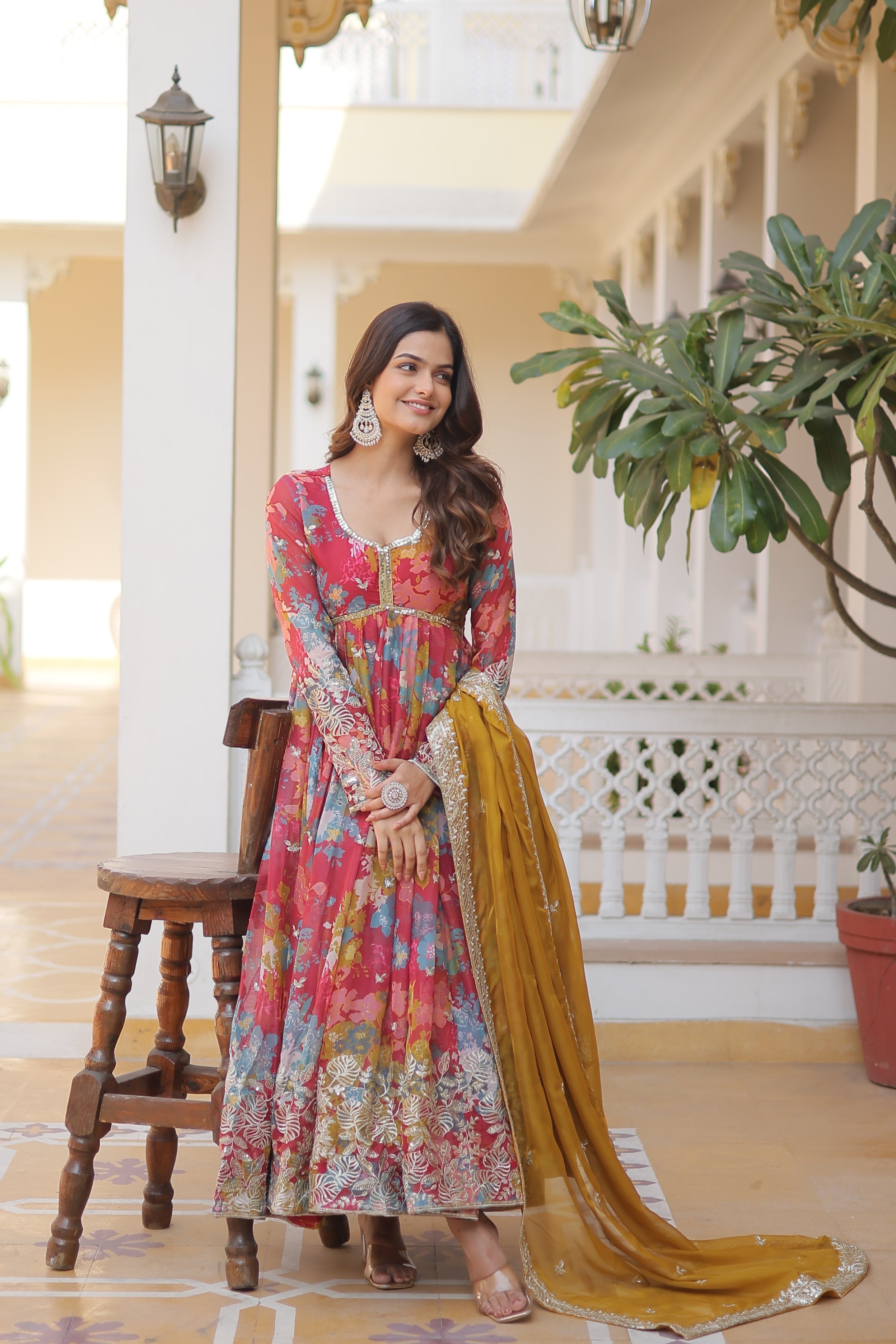 Wedding Wear Floral Embroidered Red Color Alia Cut Gown With Dupatta