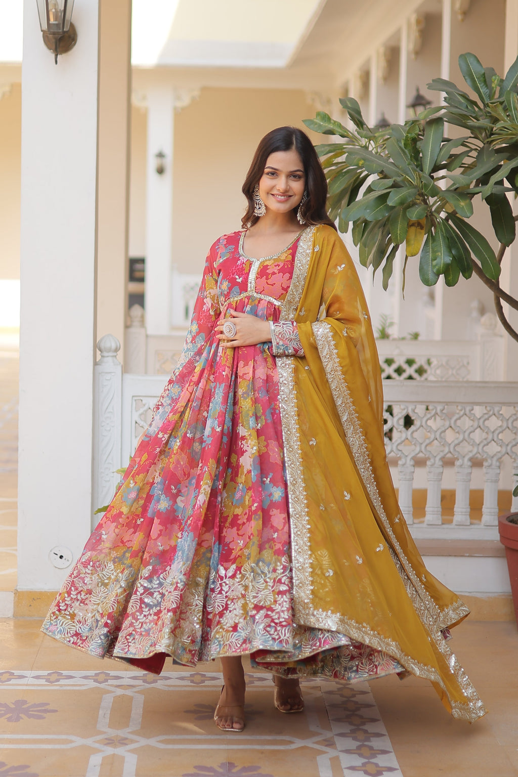 Wedding Wear Floral Embroidered Red Color Alia Cut Gown With Dupatta